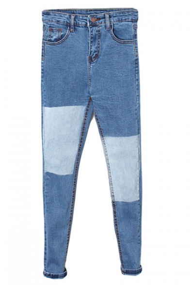 Color Block Blue Patch Stitch Detail Jeans with Zipper Fly