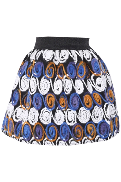 Colorful Circle Print Wool Mini Skirt with Elastic Waist