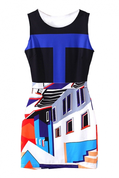 Geometric House Print Sleeveless Dress