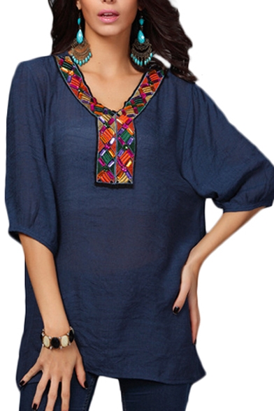 Geometry Ethnic Style Embroidered Neckline 1/2 Sleeve Smock Blouse
