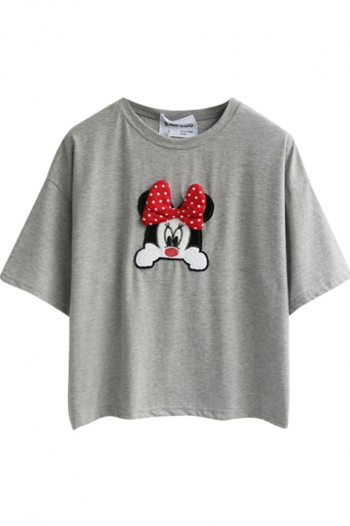 Gray Short Sleeve Cartoon Mouse Applique Crop T-Shirt