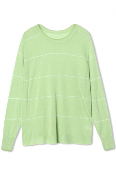 Green Stripe Print Round Neck Fitted Top
