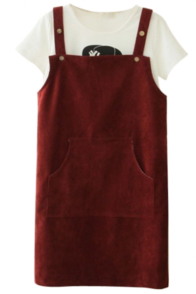 Japanese Style Plain Big Pocket Front Button Embellish Corduroy Slip Dress
