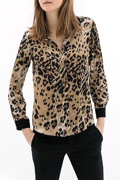 Leopard Print Contrast Cuff Long Sleeve Shirt