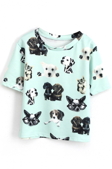 Lovely Dog with Glasses Print Short Sleeve Tee