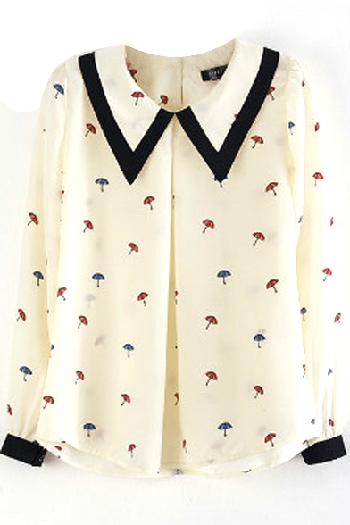Peter Pan Collar Umbrella Print Long Sleeve Shirt