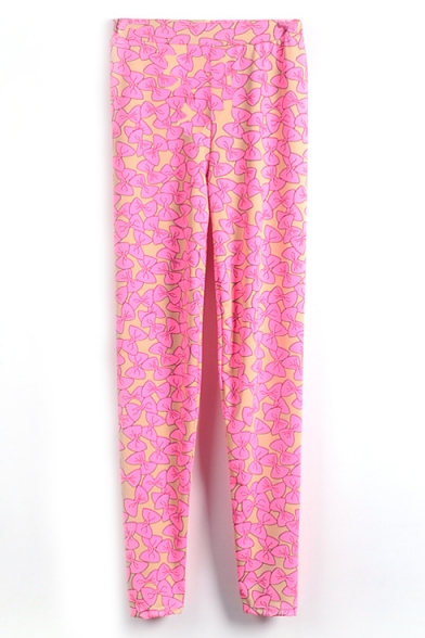 Pink Bow Tie Print Cute Elastic Leggings