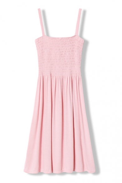 Pink Strap Ruched Fitted Ruffle Hem Sun Dress