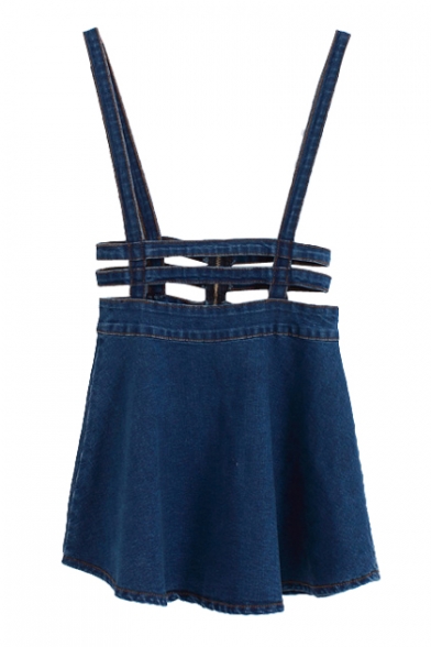 Preppy Style Strap Cutout Detail Elastic Denim Overall Skirt