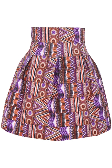 Purple Ethnic Style High Waist Pleated Skirt