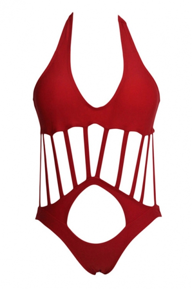 Red Plain Halter Bow Cutout Front Bikini