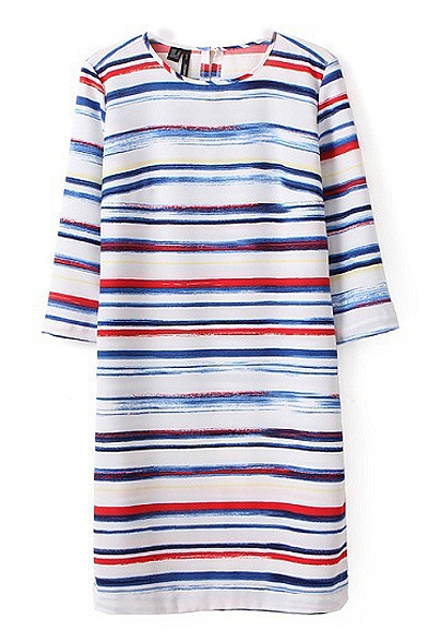 Stripe Print 3/4 Sleeve Round Neck Shift Dress