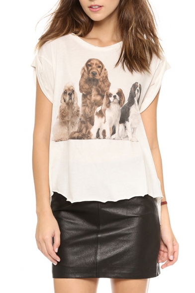 White Short Sleeve Vintage Dogs Print Distressed Hem T-Shirt