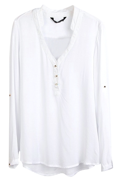 White V-Neck Long Sleeve Button Top