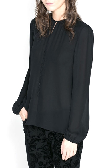 Black Cutout Front Long Sleeve Blouse with Button