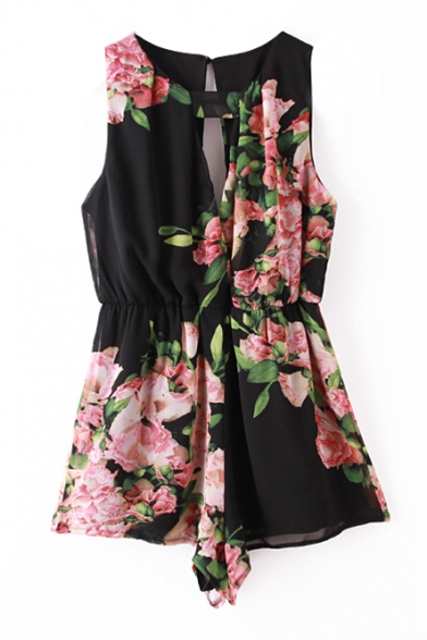 Black Round Neck Open Front Floral Print Rompers
