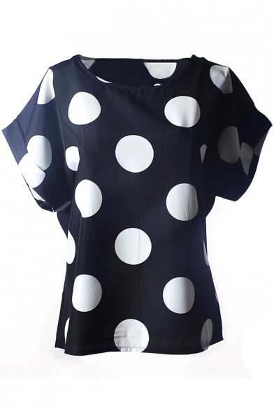 Black Short Sleeve Polka Dot Print Chiffon T-Shirt