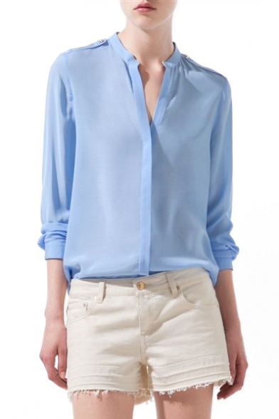 Blue Long Sleeve Stand-Up Collar Blouse