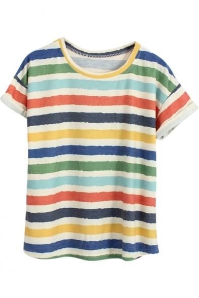 Colorful Stripe Print Round Neck Tee with Short Sleeve - Beautifulhalo.com