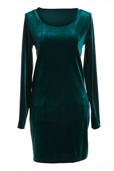 Dark Green Long Sleeve Pleuche Slim Dress