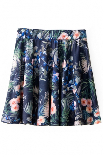 Floral Print Ruffle Hem Elastic Waist Skirt