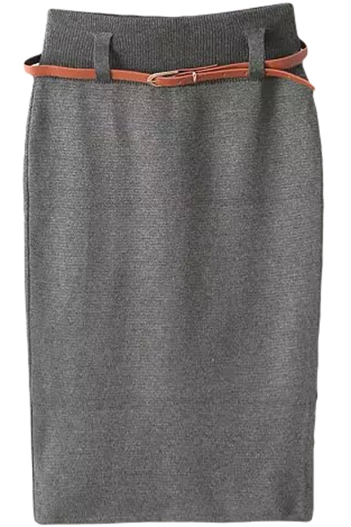 Gray Basic Knitting Pencil Skirt with Belt