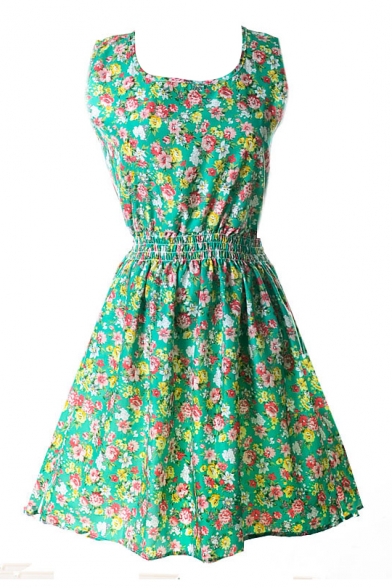 Green Sleeveless Blossom Flora Print Dress