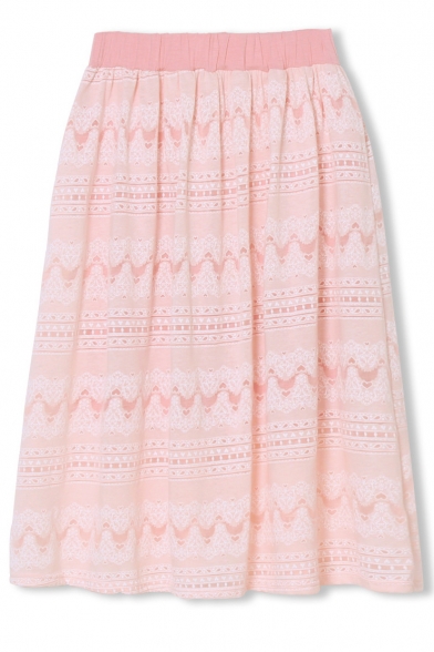 Lace Plain Elastic Waist Pleated Midi Skirt