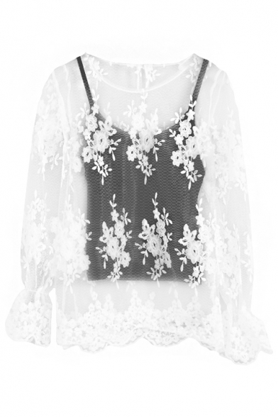 Ladylike White Lace Cutwork Illusion Blouse with Black Camis