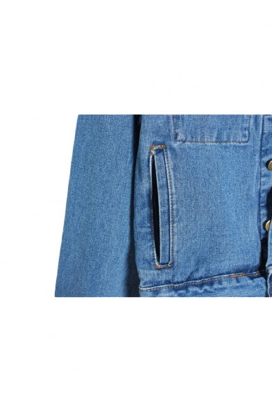 Pure Blue Single-Breasted Point Collar Denim Jacket