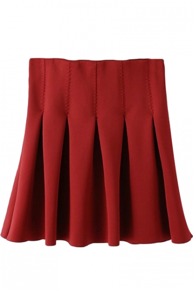 Red Plain Pleated A-Line Mini Skirt
