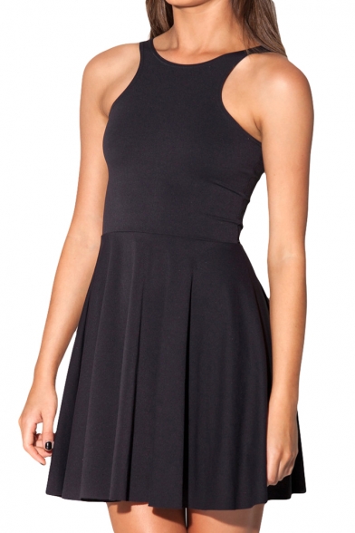 Sleeveless Black Pleated Mini Dress