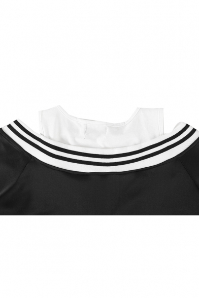 Striped V-Neck Half Sleeve Cold Shoulder Embossed Letter Sweatshirt