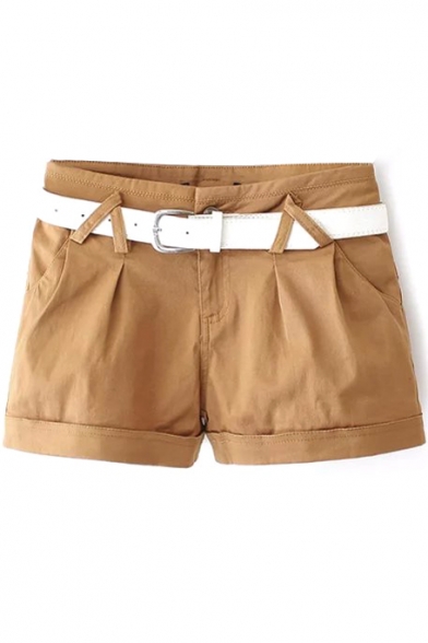 Tan Cotton Shorts with Belt and Zipper&Button Embellished