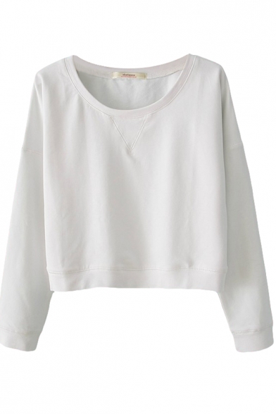 White Plain Round Neck Cropped Sweatshirt - Beautifulhalo.com