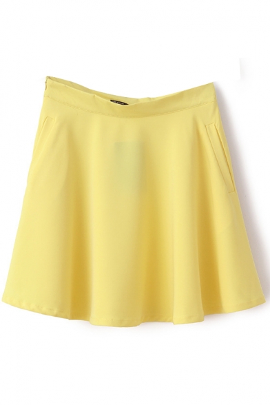 Yellow Plain Ruffle Hem Pocket Chiffon Skirt