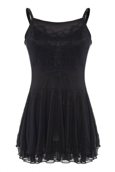 Black Lace Insert Double Layer Ruffle Hem Camis - Beautifulhalo.com