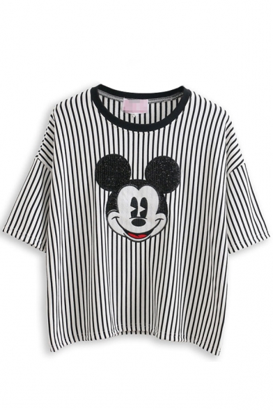 Black Striped Cartoon Animal Pattern Loose T-Shirt