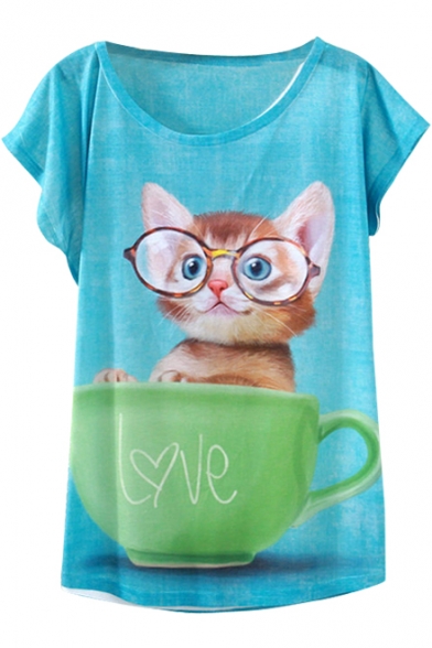 Blue Background Cute Kitten&Cup Short Sleeve T-Shirt