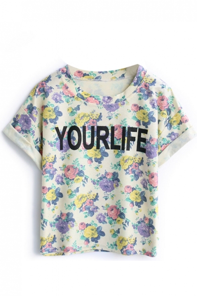 Letter Floral Crop Cuffed T-Shirt