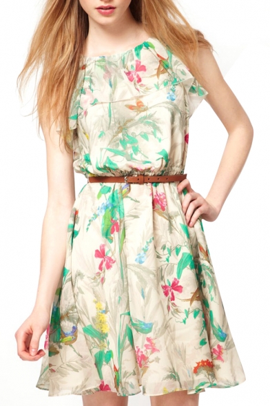 Floral Print Chiffon Sleeveless Belted Dress