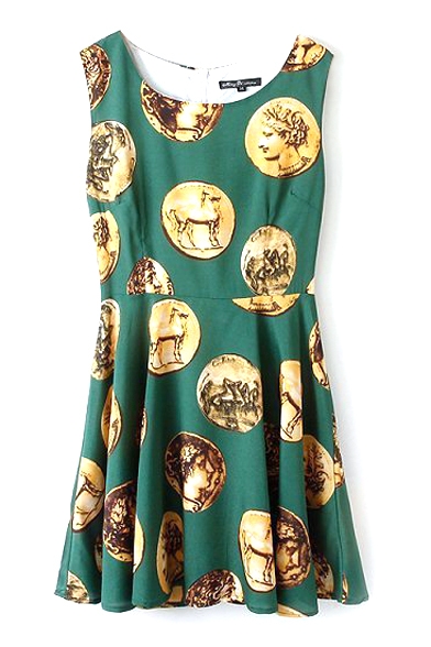 Gold Coin Print Sleeveless Pleated Dress
