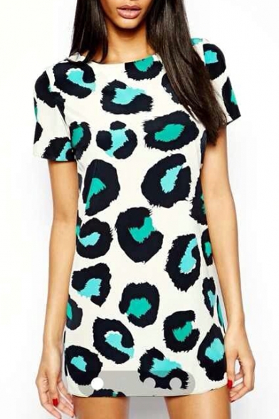 Green Leopard Print Short Sleeve Mini Dress