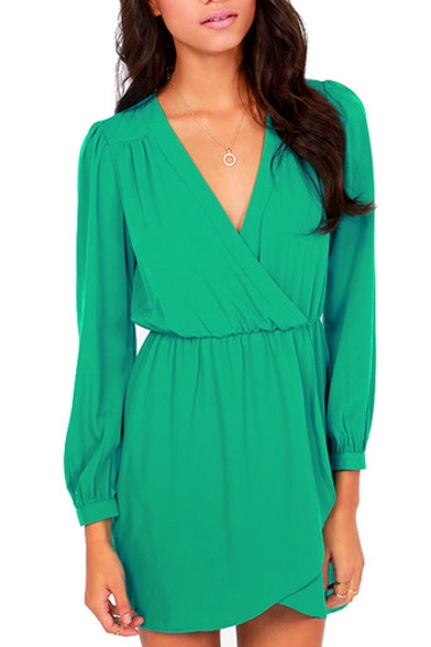 Green Wrap V-Neck Long Sleeve Dress