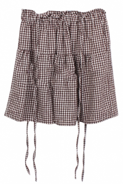 Khaki Gingham Pattern Mini Suspender Skirt