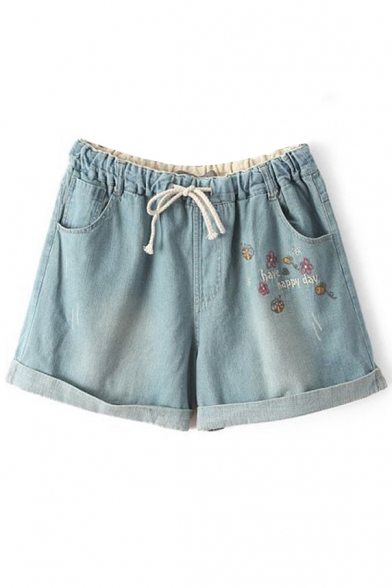Light Blue Bees Embroidered Denim Shorts
