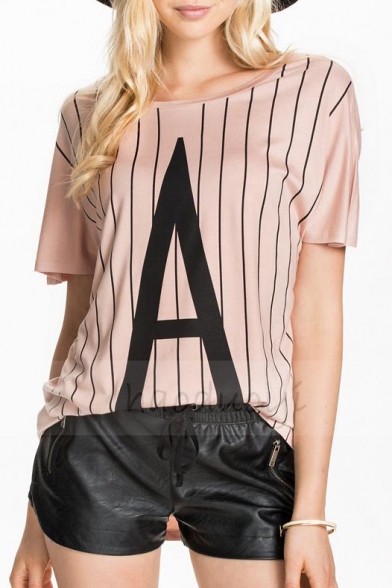 Nude Striped Letter A Short Sleeve Loose Tee