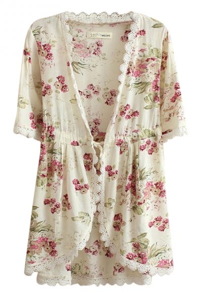 Pink Flora Print Short Sleeve Lace Trim Kimono - Beautifulhalo.com