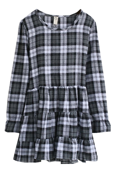Plaid Round Neck Long Sleeve Fitted Mini Dress with Belted Back