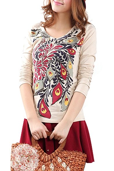 Print Round Neck Long Sleeve Fitted Top